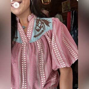 THML Red Gingham Blouse with Horse Embroidery